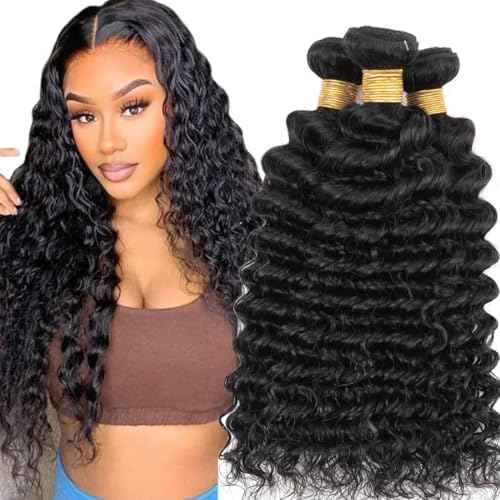 Augfst Brazilian Virgin Human Hair Bundles 10 12 14 Inch Deep Wave Bundles Human Hair Unprocessed Brazilian Virgin Natural Color Sewn In Quick Weave for Black Women