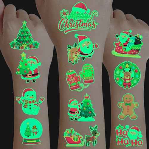 Luminous Christmas Temporary Tattoos for Kids - 53PCS Christmas Glow in The Dark Tattoos Stickers for Boys and Girls,Christmas Party Favors, Supplies, Decorations for Kids Stocking Stuffers and Gifts