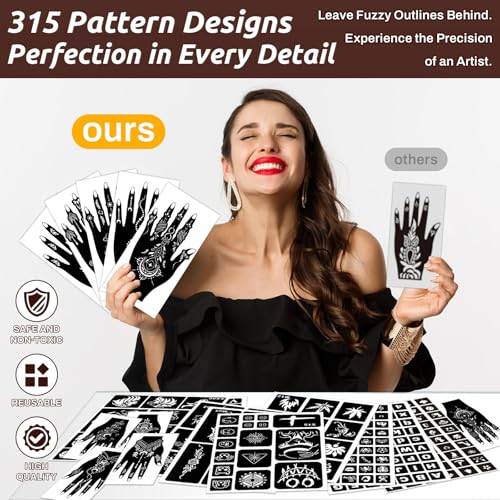 Temporary Tattoo Kit - 315 Designs, 9 Colors, 19 Stencils