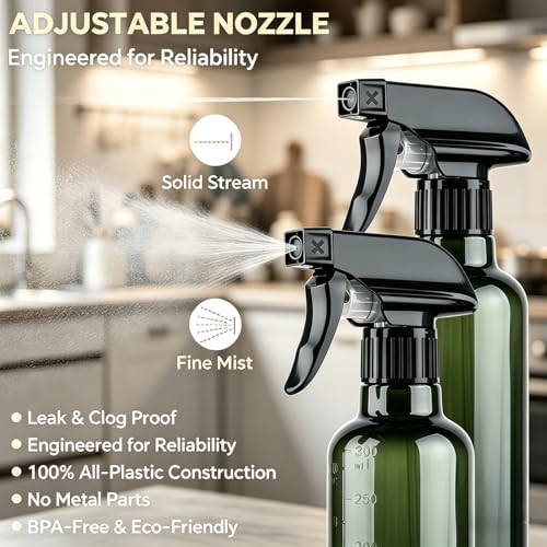 TTTred 10 oz Plastic Spray Bottles - Leakproof & Adjustable Nozzle (2 Pack)