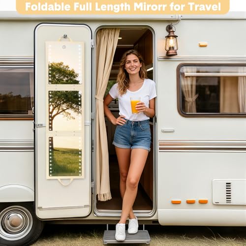 Fabuday Foldable Full Body Length Mirror with Light for Travel - Lighted Rechargeable Trifold Hanging Long Mirror, Folding Portable Tall Mirrors for Camping, RV, Dance, Dressing, Over The Door