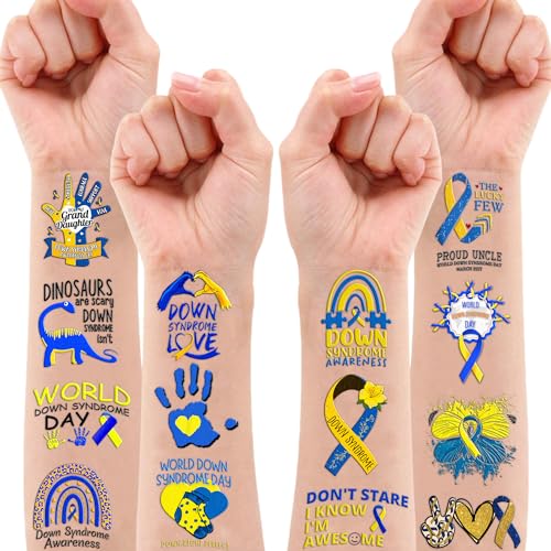 103 PCS Funny Down Syndrome Awareness Temporary Tattoos Stickers Theme Party Decorations Supplies Favors Decor Care Blue Yellow Ribbon Tattoo Sticker Gifts For Boys Girls Class Prizes Carnival