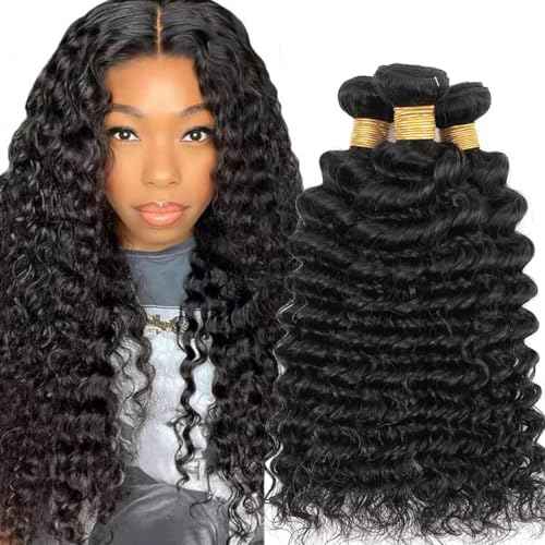 Human Hair Bundles Brazilian Deep Wave 3 Bundles 14 16 18Inch 100% Unprocessed Virgin Deep Curly Human Hair Quick Weave Raw Deals Water Wave Wet and Wavy Bundles Nature Black