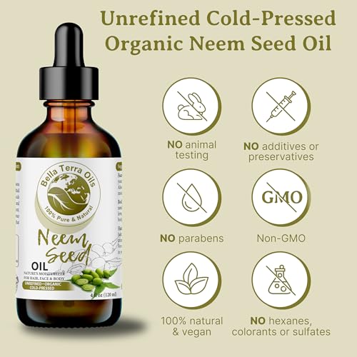 Bella Terra Oils - Organic Neem Seed Oil 4oz - Immerse in the Benefits of Organic Neem, Enriched with Amino Acids & Omega-6, Nourishing Skin Treat