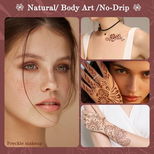 7PCS Tattoo Cones Temporary Tattoo Kit,4Color(2*Brown,2*Maroon,2*Cherry Red &1*Black) Ink with Large Designs Stencils,Separate Bottle with 4 Bottle Mouths,DIY Body Art Painting for Women Men Kids
