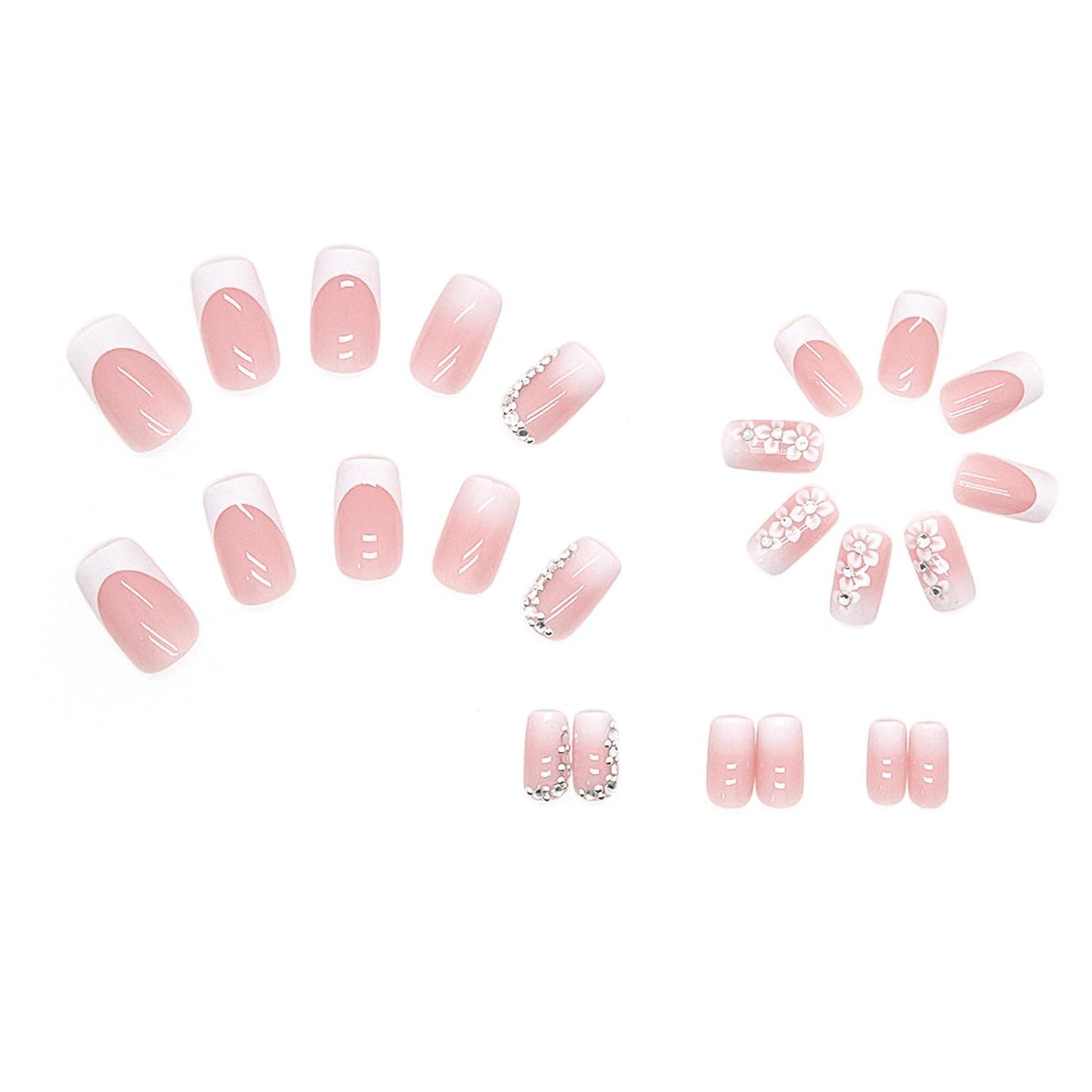 24Pcs Press on Nails Medium Square Fake Nails Pink White False Nails with Rhinestones Flower Designs Stick on Nails French Tip Acrylic Nails Full Cover Glossy Manicure for Women