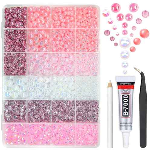 3mm-10mm Flatback Pink Pearls and Resin Rhinestones w B7000 Jewelry Glue for Bedazzling Crafting White AB Half Pearls Gems Stones Diamonds Charms for Face Eyes Makeup Tumblers Bottles Beauty