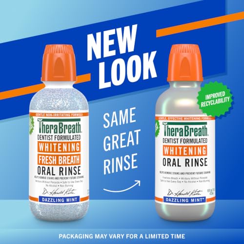 TheraBreath Whitening Mouthwash Dazzling Mint 16 oz Pack of 2 - Alcohol-Free, Dentist Formulated, Stain & Bad Breath Freshener