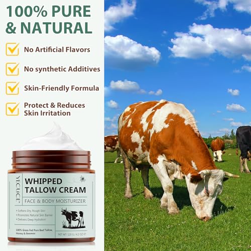 Beef Tallow and Honey Balm, Beef Tallow for Skin, Face & Body Moisturizer with Grass-Fed Pure Beef Tallow, Honey Beeswax, Whipped Tallow Cream Delivers Deep Hydration Skin