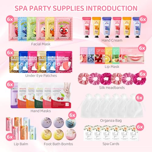 60PCS Spa Party Favors Kit Include Face Masks Skincare,Hand Masks,Lip Mask,Under Eye Patches,Lip Balm,Foot Bath Bombs,Hand Cream,Spa Sleepover Party Supplies for Christmas