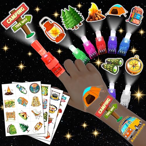 72 PCS Camping Party Favors ? 48 PCS Luminous Tattoos & 24 PCS LED Finger Lights Combo ? Birthday Goodie Bag Fillers, Party Supplies, Gifts Light Up Toys Glow In The Dark for Boys and Girls