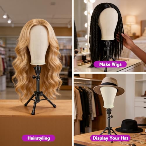 Canvas Wig Head Mannequin with Tripod Stand | Adjustable