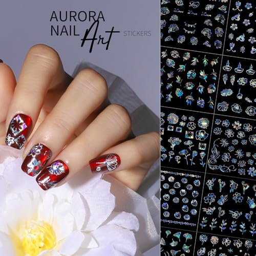 Teenitor 50 Sheets Laser Silver Aurora Nail Art Stickers - 3D Decals