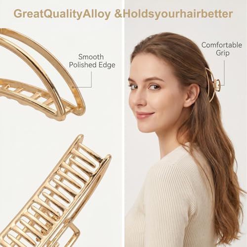 LUKACY 4 Inch Gold Metal Hair Clips - 6 Pack Large Claw Clips