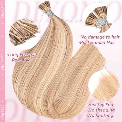 I Tip Hair Extensions - Human Hair, #16/22 Light Blonde Highlighted Bleach Blonde 20 Inch For Women Soft & Natural Itip Human Hair Extensions 50g 60s