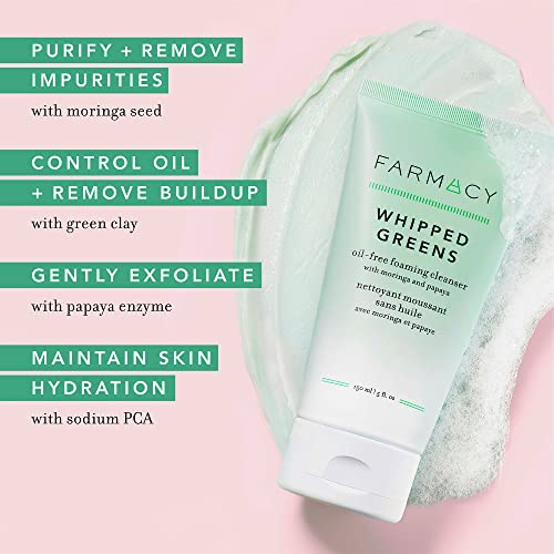 Farmacy Foaming Face Wash for Oily Skin - Whipped Greens Oil-Free Gentle Facial Cleanser + Exfoliator - Infused with Green Clay to Remove Impurities, Control Oil + Maintain Skin Hydration (50ml)