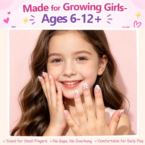PGELXON 24Pcs Kids Press on Nails with French Tip Ballet Bow & Flower Design
