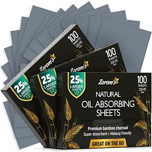 Natural Oil Blotting Sheets for Face with Bamboo Charcoal - 25% Larger - 3pk/300 Makeup Friendly Blotting Papers for Face - Easy Dispensing Oil Absorbing Sheets for Face