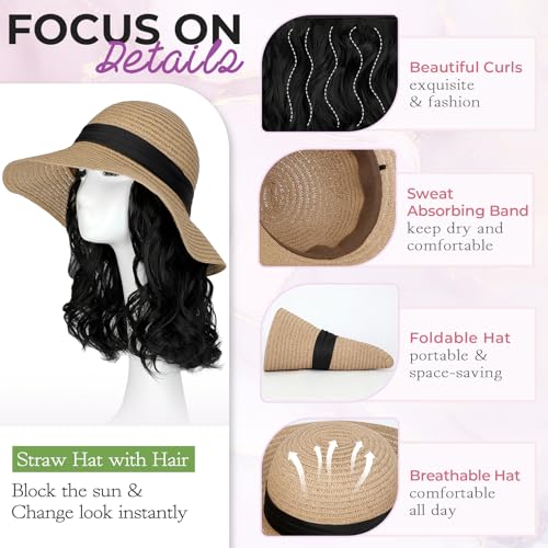 Adjustable Straw Sun Hat with Detachable 12-Inch Wavy Hair for Women