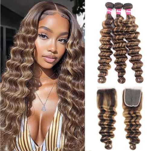 P4/27 Human Hair Bundles Loose Deep Wave Ombr? Highlighted Bundle with Closure-18,20,22+18inch, 10A Brazilian Loose Wave Raw Bundles Human Hair with 4x4 Lace Closure Honey Blonde Brown Color
