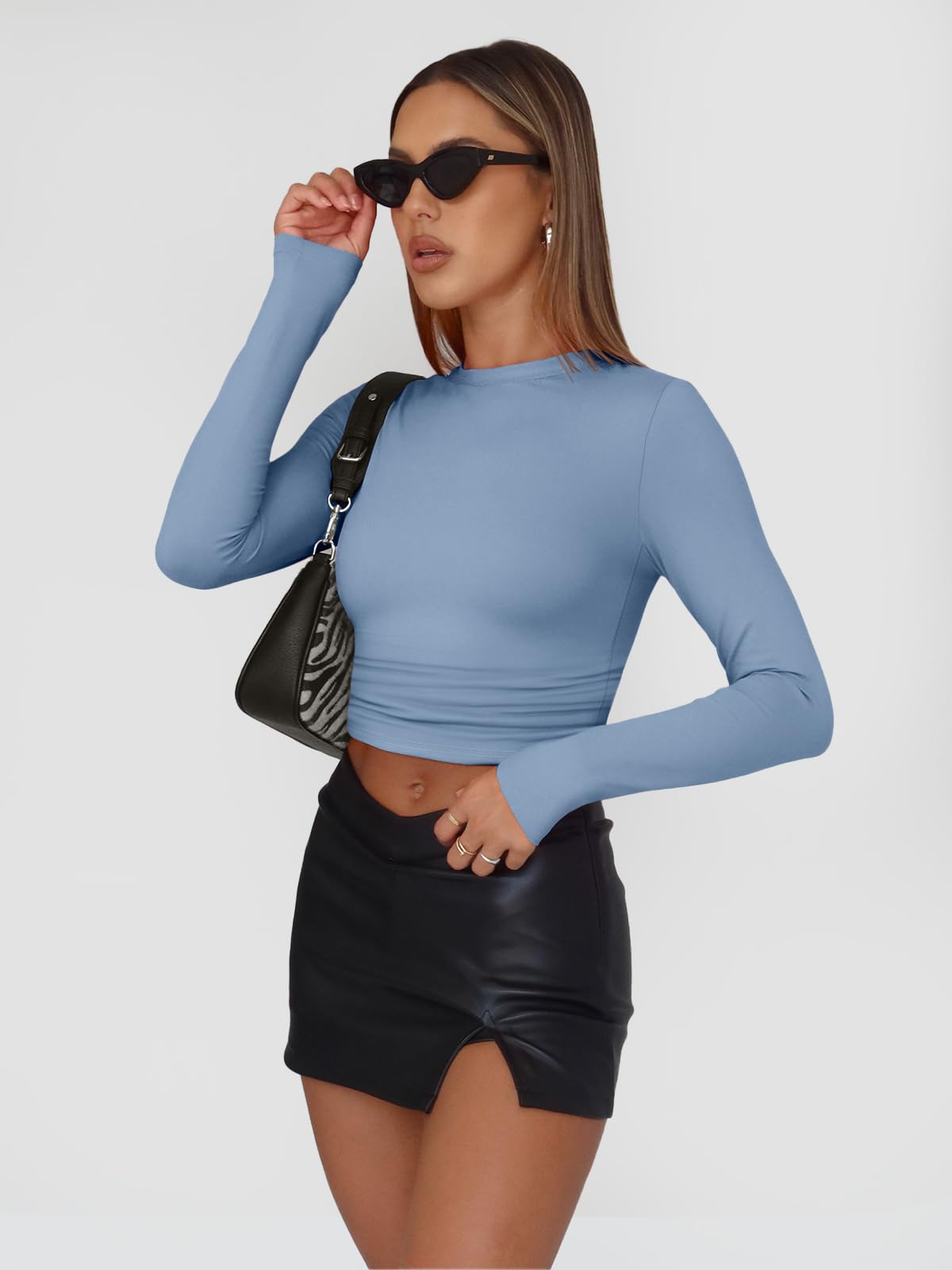 Trendy Queen Womens Long Sleeve Shirts Basic Spring Crop Tops Tees Tight Slim Fit Cute Going Out Outfits Teen Girls Fall Winter Y2k Clothes 2024 Blue Gray XS