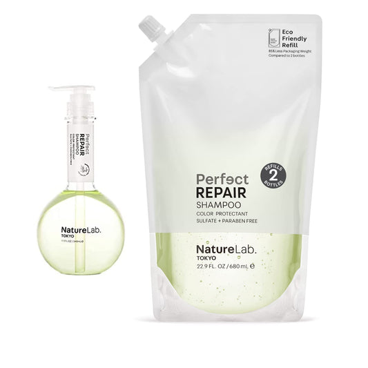 NATURELAB Tokyo Perfect Repair Shampoo & Refill Bundle | Replenish and Restore Damaged, Color Treated and Strengthen Hair | 11.5 FL OZ & 22.9 FL OZ