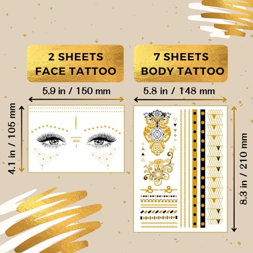 Gold Metallic Temporary Tattoos - 150+ Henna Stickers for Adults & Kids