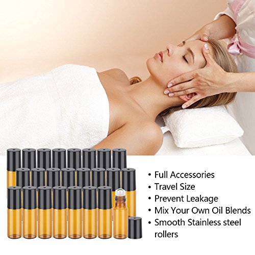 Easytle Essential Oil Roller Bottles 5ml, 24 Pack Amber Glass