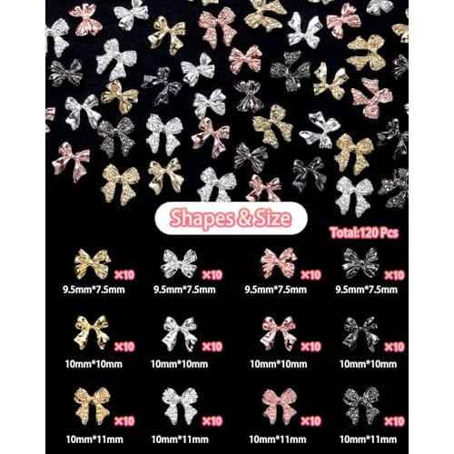 120 Pcs Alloy Bow Nail Charms and Gems, Silver Gold Black Bowknot Metal Nail Art Charms, Shiny Luxury Cute Bow Nail Jewelry for Nails Design Manicure Accessories