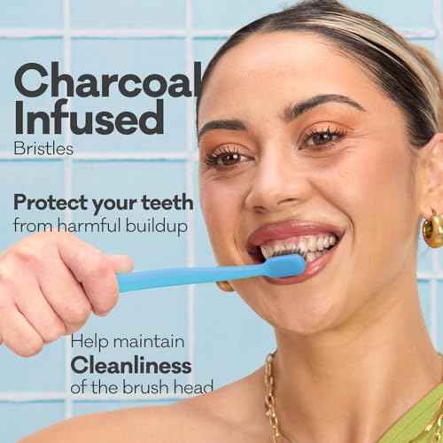 Grin Extra Soft Toothbrushes for Adults ? Travel Toothbrush with Charcoal Infused Bristles ? Manual Full Mouth Brush Head for Whitening & Gum Care ? 4 Count (1 Pack Set)