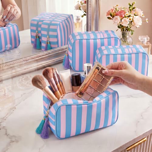 Kacctyen 6-Pack Peony Pink & Slate Blue Striped Makeup Bags with Tassels