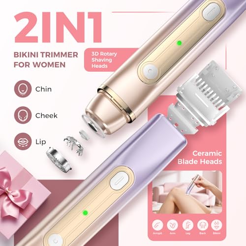 Bikini Trimmer for Women: 2-in-1 Electric Razor for Pubic Hair & Body, IPX7 Waterproof Cordless Shaver for Sensitive Skin, Professional 10,000 RPM Rechargeable Groomer for Face, Legs (Rose Gold)
