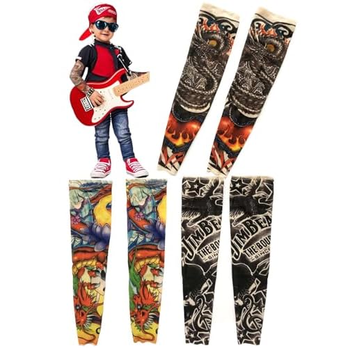 Kids Temporary Tattoo Sleeves, Fake Arm Tattoo Sleeves for Children,Child Rockstar Costumes Sleeves for Boys Girls, UV Protection(3 Pairs, Pack of 1)
