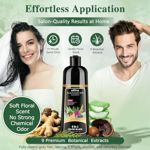 GRYFOX Black Hair Dye Shampoo for 100% Gray Coverage - 15 Min