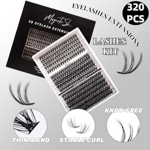 Magnetic SL 320pcs Lash Extensions Kit 40D 50D 100D - DIY False Lash Clusters with Bond+Seal, Remover, Applicator (11-20mm) - Includes 3 Styles