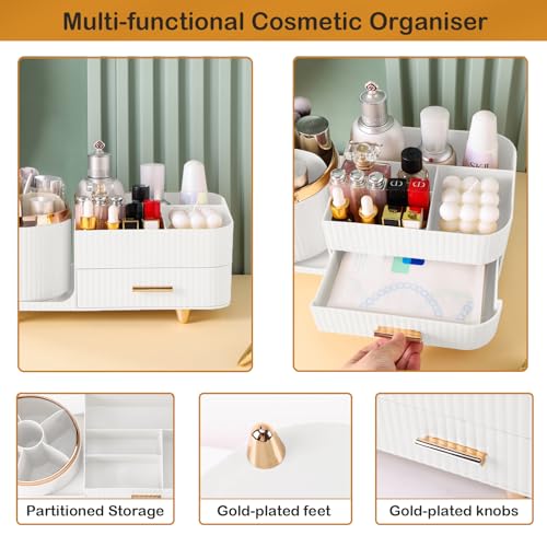 COMFYROOM White Rotating Makeup Organizer with Drawer – Large Vanity Storage