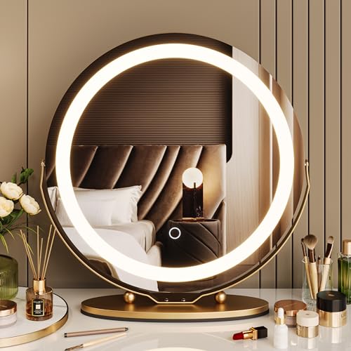 Vanity Mirror with Led Lights, 19 Inches Touch Control 3 Color 2024 New Dimmable Makeup Mirror, 360¡ÆRotation Round Desk Mirror, Easy to Assemble (Gold)