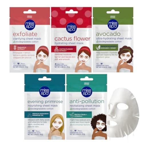 MISS SPA Hydrating & Brightening Sheet Mask Set Facial Masks for Women Exfoliating, Moisturizing Anti-Aging Skincare Bundle Nourishing Masks Dermatologist Tested 5-Pack