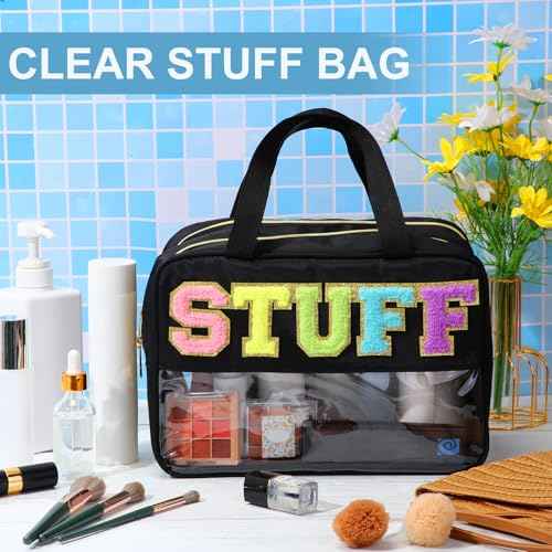 Pinkunn Large Stuff Bags with Handle Double Zippered Chenille Letter Stuff Bag Black Extra Large Clear Travel Pouch Waterproof Nylon Makeup Cosmetic Bag for Women Girls Travel Toiletry Supplies