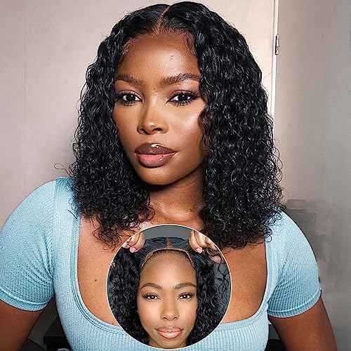GOLFMAX Glueless Wigs Human Hair Pre Plucked Pre Cut 4X4 Lace Closure Bob Wig Human Hair Deep Wave Curly Short Bob Wig 14 Inch Wet and Wavy Lace Front Wigs With Elastic Band
