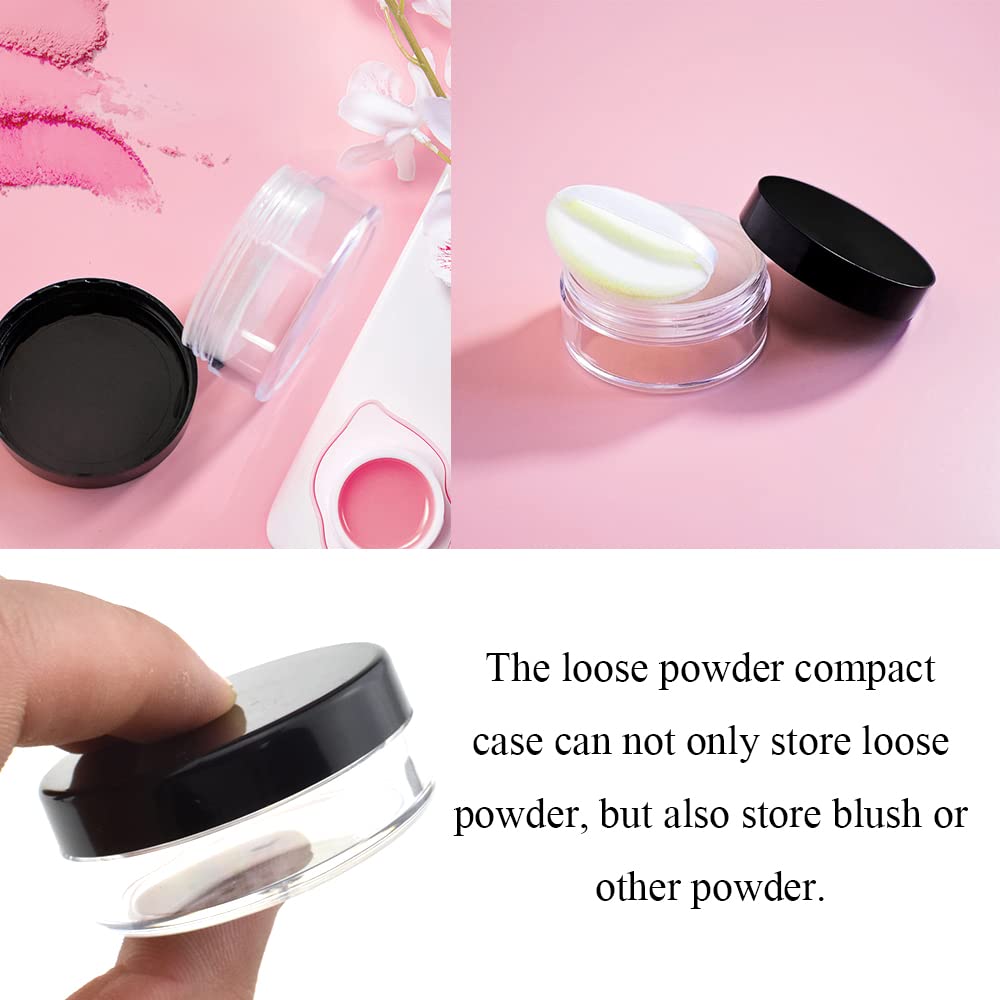 HAHIYO 4Pcs 10ml/0.34oz Plastic Empty Travel Powder Container Small Loose Powder Compact Case Makeup Cosmetic Jar Refillable Powder Box No Leak Powder Holder with Rotatable Sifter and Black Screw Lid