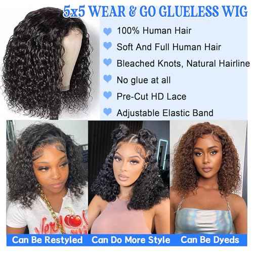 Bob Wig Human Hair Wear and Go 5x5 HD Lace Closure Curly Wigs for Black Women Chocolate Brown Lace Front Deep Wave Glueless Wigs Human Hair Pre Plucked Pre Cut 10Inch
