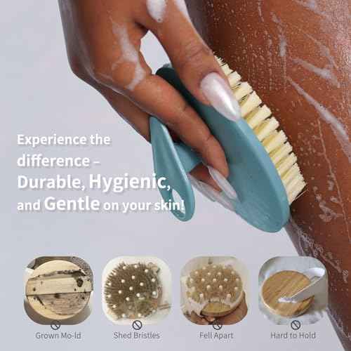 Body Scrubber 2 Pack, BEAUTAIL Gentle Exfoliating Shower Bath Brush, Soft Bristle Brushes for Sensitive Skin Women Men, Non-Slip Hand-Clip, Durable and Long Lasting (Blue+Gray)