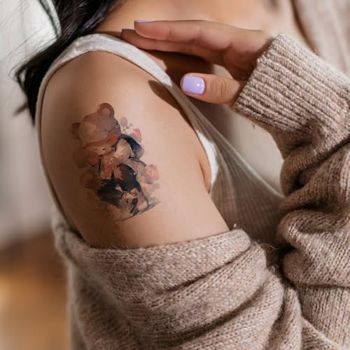 12 Sheets Teddy Bear Temporary Tattoos - Watercolor Floral