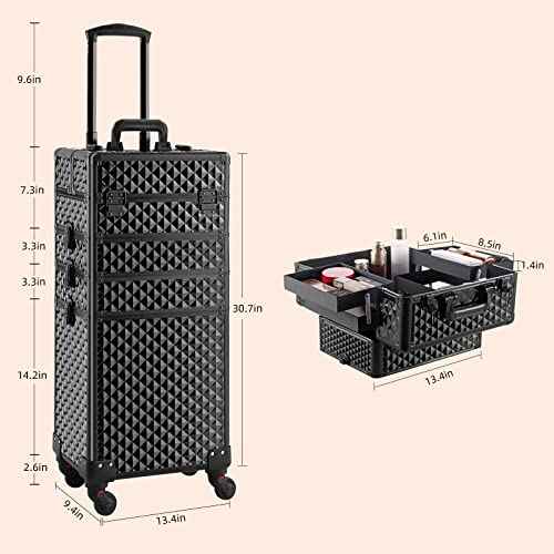 Rolling Makeup Case 4 in 1,Professional Makeup Train Case organizers,Large Storage Cosmetic case Trolley,Makeup Travel Case for Salon Barber Bright Black