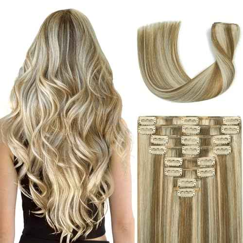 Clip in Hair Extensions Real Human Hair 26Inch 8pcs 130g Seamless Balayage Blonde Hair Extensions Clip Ins Double Weft Light Blonde Highlight Golden Blonde Invisible Straight Remy Human Hair for Women
