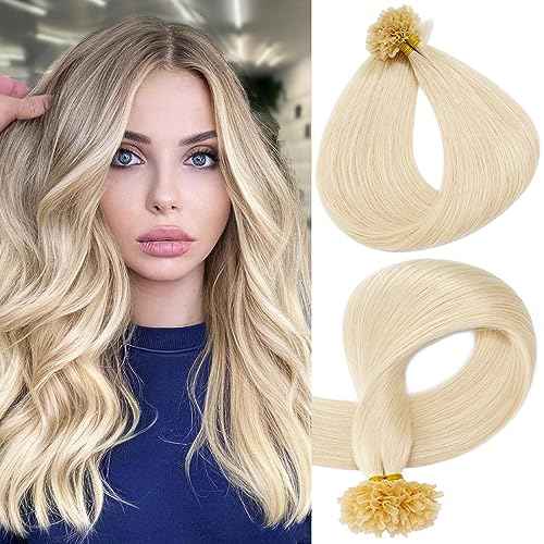 S-noilite U Tip Hair Extensions Human Hair Blonde U Tip Fusion Hair Pre Bonded Nail Tipped Hair Italian Keratin Glue Remy Human Hair Straight 100 Strands/50g 16" (#60 Platinum Blonde)