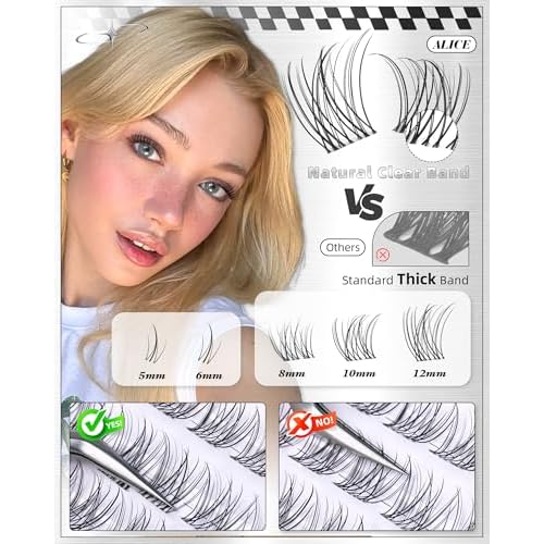ALICE Natural Short Lash Clusters 8-12mm Eyelash Clusters Wispy Cluster Eyelash Extensions Clear Band Individual Lashes with 5-6mm Bottom Lashes