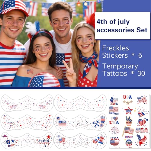 4th of July Temporary Tattoos - 36PC Patriotic Freckle Face Stickers