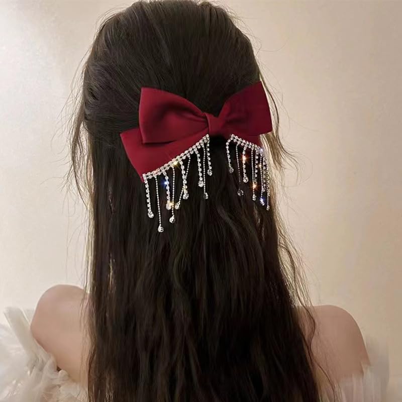 Bow Hair Clips for Women Girls Large Hair Bow Clips Elegant Rhinestones Bow for Hair Accessories Bows Satin Ribbon Hair Bows Barrette Clip Bowknot Hair Bow Decorating Party Performance Prom Hair Bow